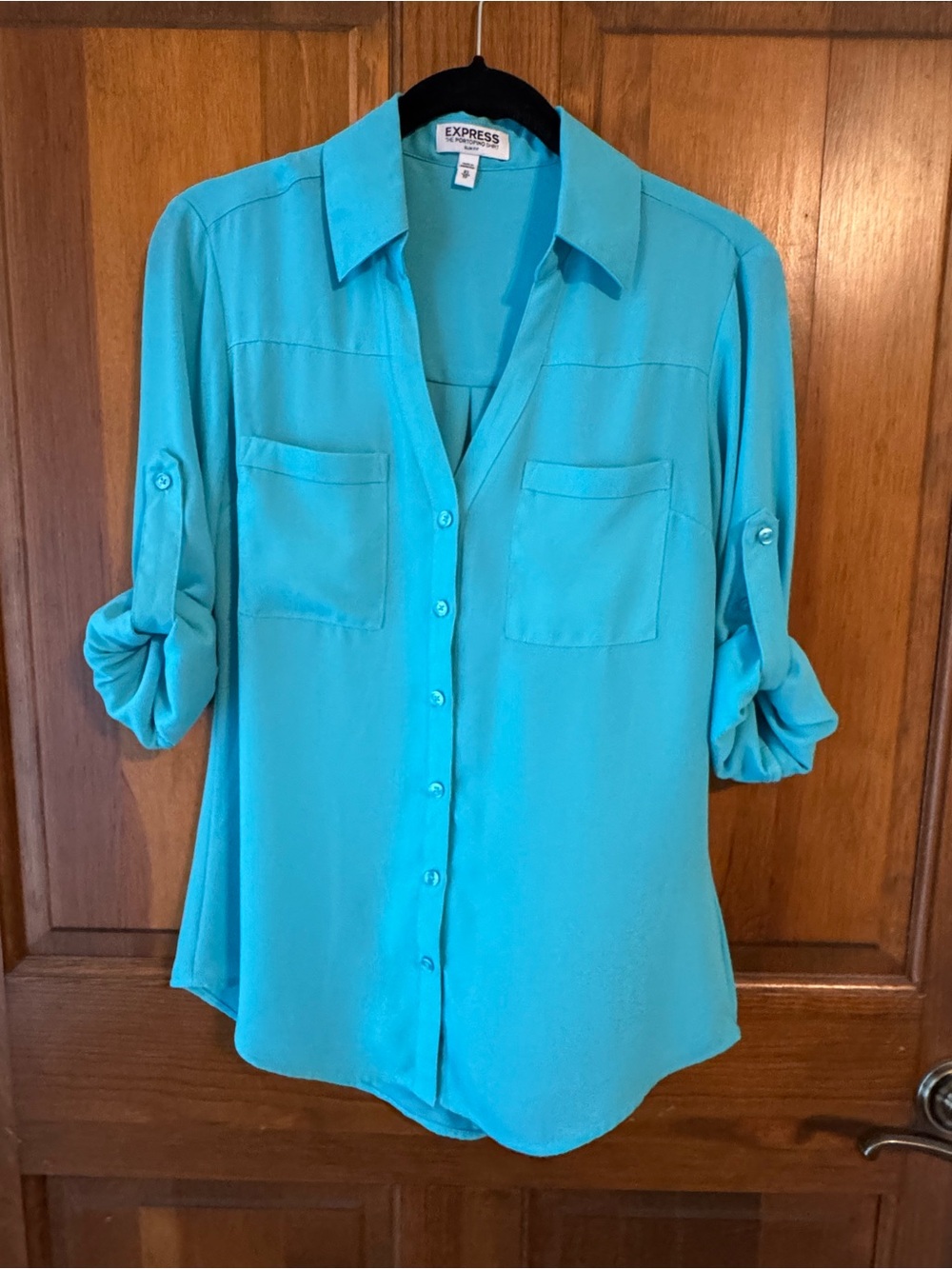 Express Teal Button-Down Portifino Blouse Slim Fit XS